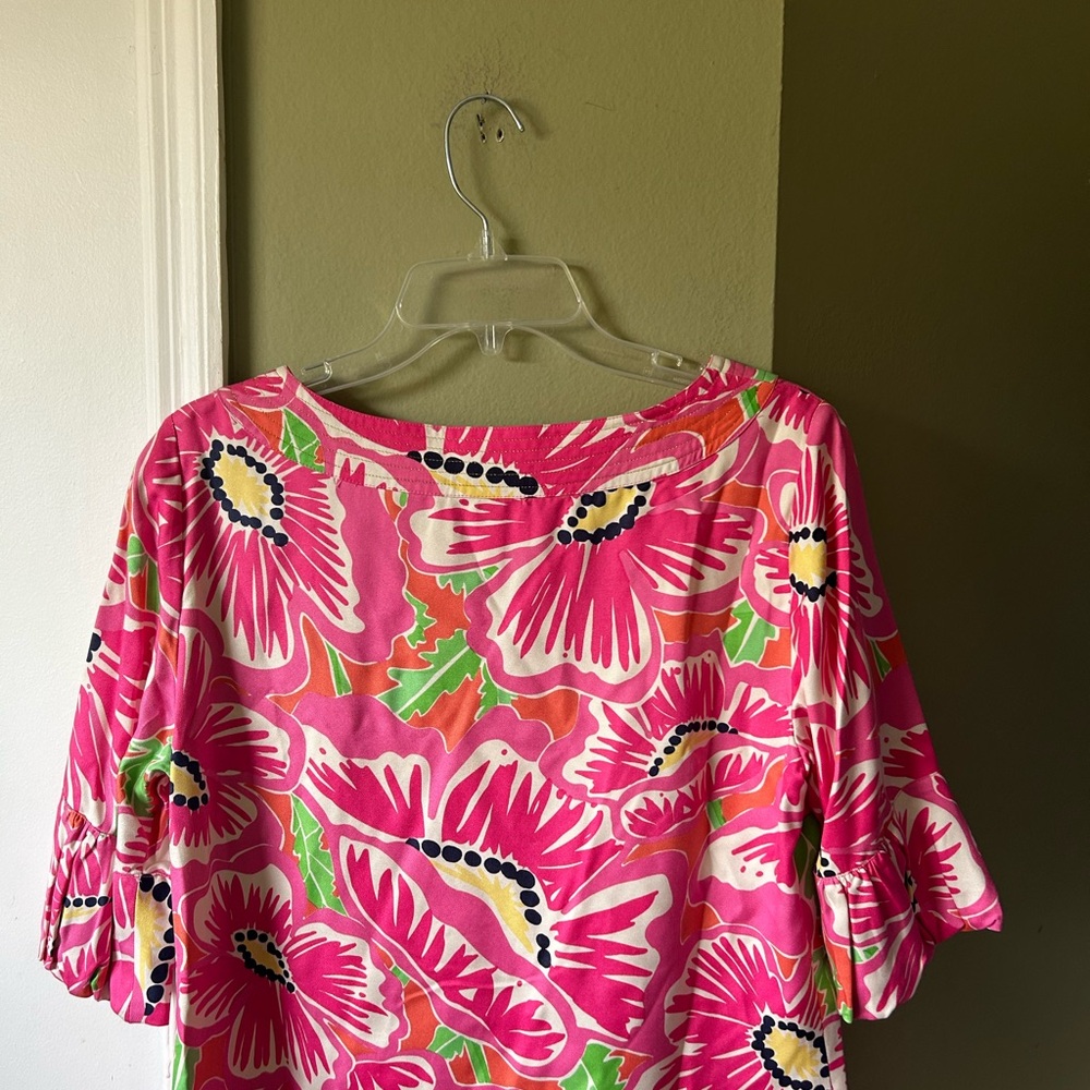 Lilly Pulitzer Silk Pink and Green Floral 3/4 Sleeve Tunic Dress Top Sz - Picture 3 of 10